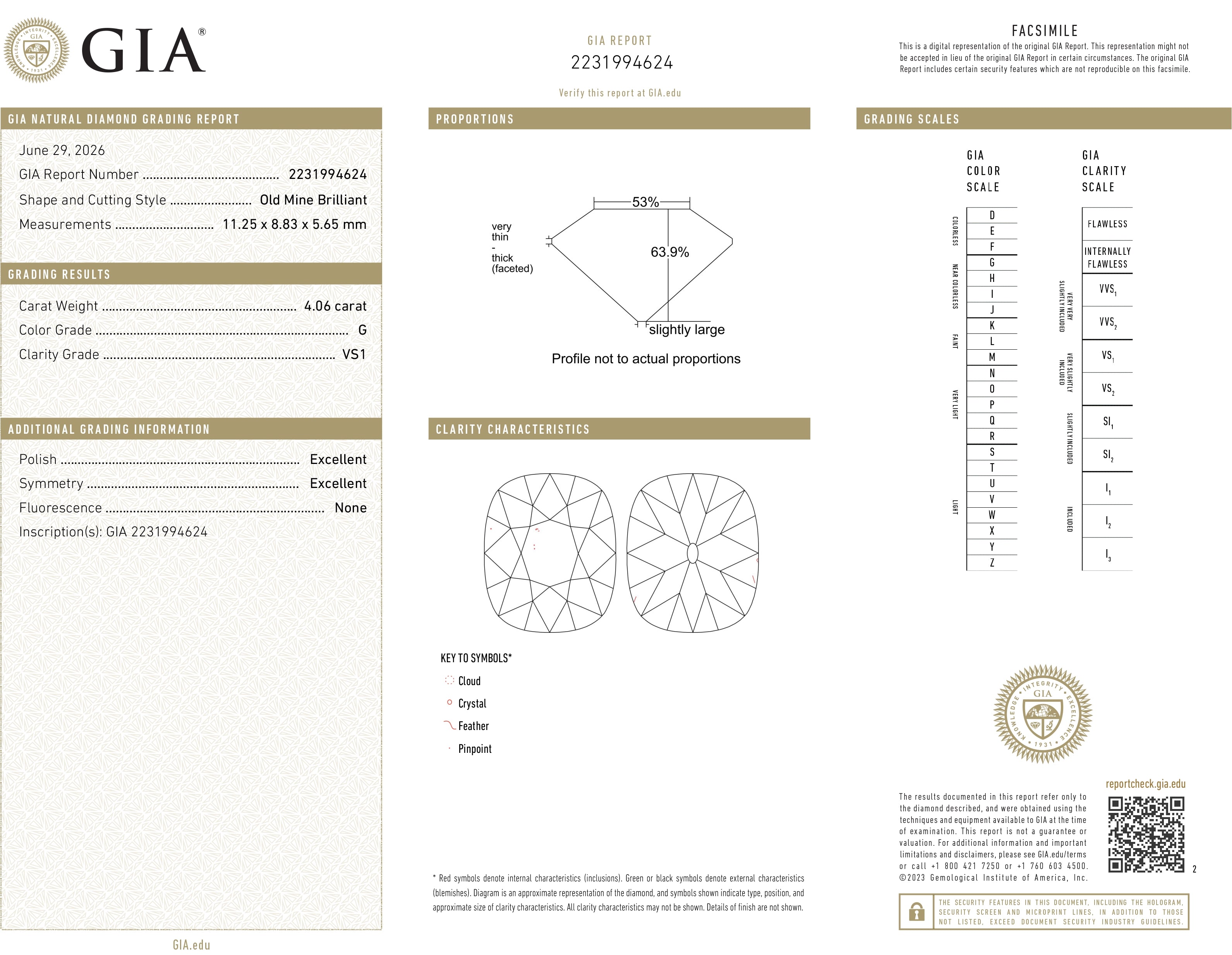 4.06 Old Mine Brilliant Cut Diamond, G VS2, GIA Certified