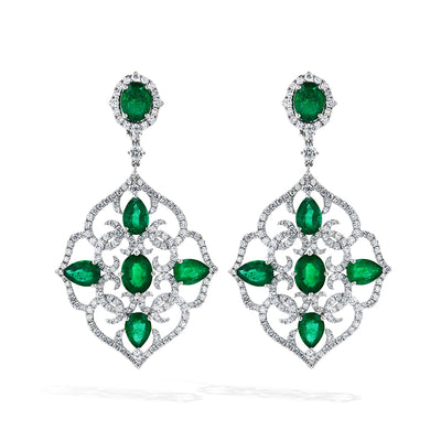 15 Carat Emerald and Diamond Flower Dangle Earrings - Private Label product