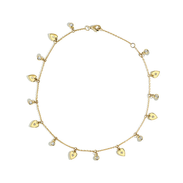 Dangle Heart Anklet With Diamonds in Yellow Gold