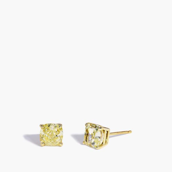 Fancy Yellow Cushion Diamond Stud Earrings in 18K Yellow Gold, 3.05ctw