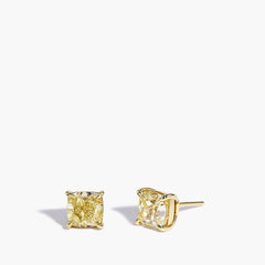 Fancy Yellow Cushion Diamond Stud Earrings in 18K Yellow Gold, 4.01ctw