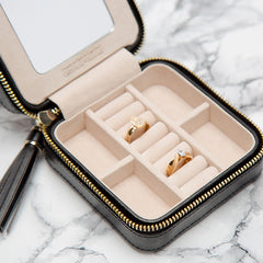 Wolf Caroline Black Leather Quilted Jewelry Zip Travel Case