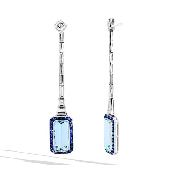 7 Carat Emerald-Cut Aquamarine and Blue Sapphire Drop Earrings