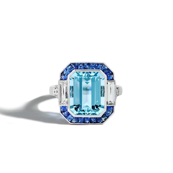 4 Carat Aquamarine and Blue Sapphire Ring