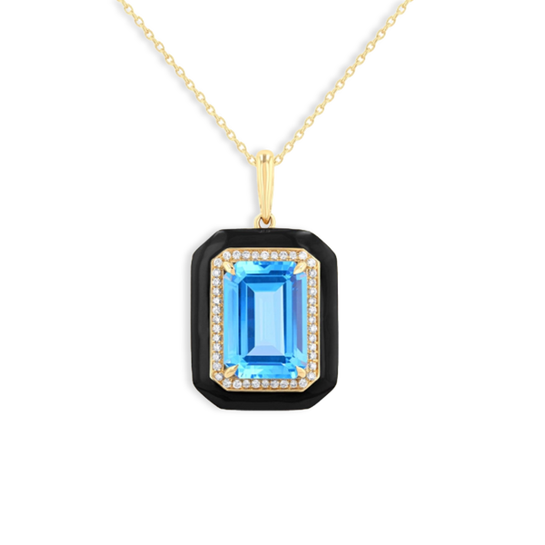 Large Blue Topaz and Black Enamel Pendant Necklace