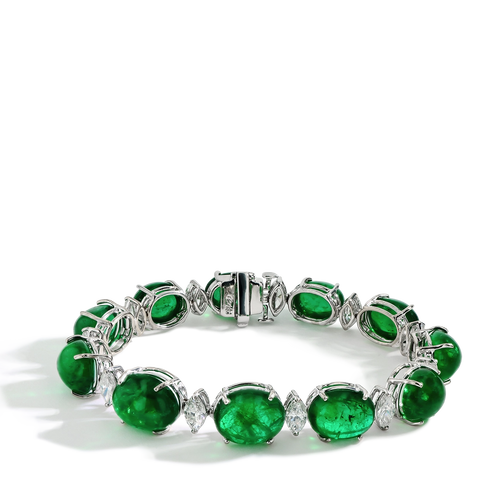 57 Carat Zambian Cabachon Emerald and Diamond Bracelet