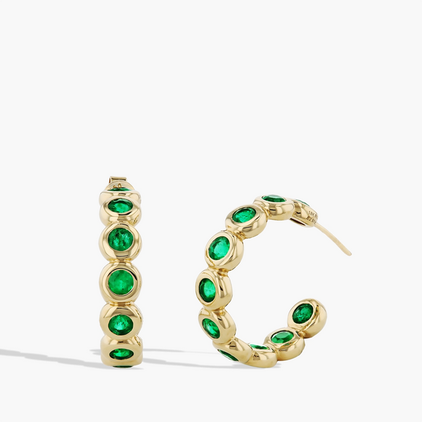 Round Bezel-Set Emerald Hoop Earrings