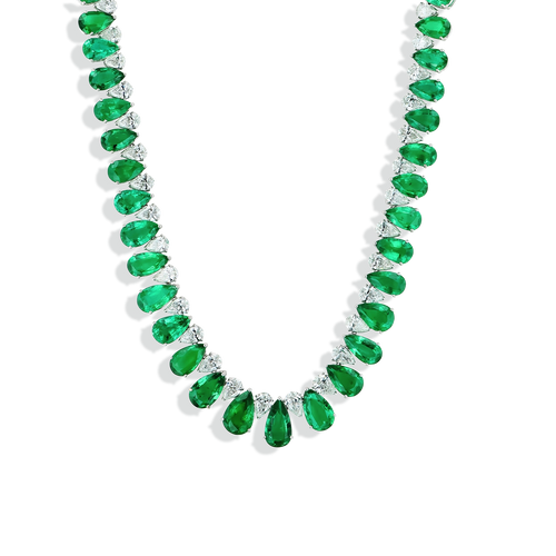 47 Carat Zambian Emerald and Diamond Pear-Shaped Necklace