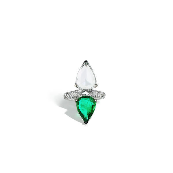 2 Carat Zambian Emerald and Diamond Two-Stone Ring