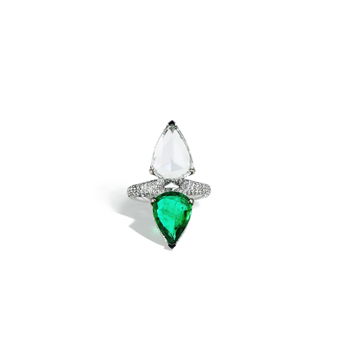 2 Carat Zambian Emerald and Diamond Two-Stone Ring