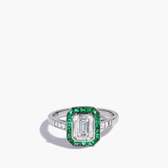 Emerald-Cut Diamond and Emerald Halo Ring
