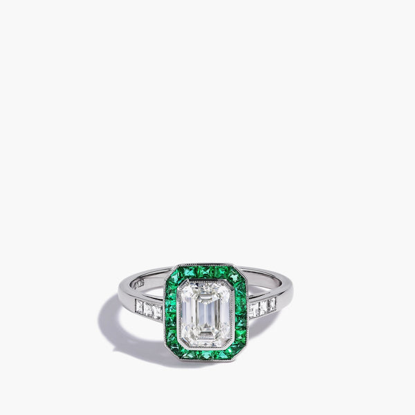 Emerald-Cut Diamond and Emerald Halo Ring