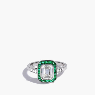 Emerald-Cut Diamond and Emerald Halo Ring - Private Label product