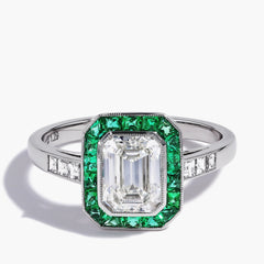 Emerald-Cut Diamond and Emerald Halo Ring