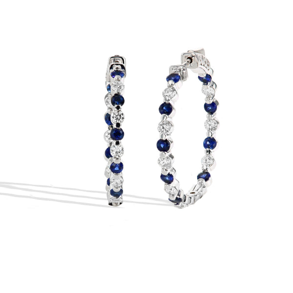 Blue Sapphire and Diamond Alternating In and Out Hoop Earrings