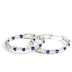 Blue Sapphire and Diamond Alternating In and Out Hoop Earrings