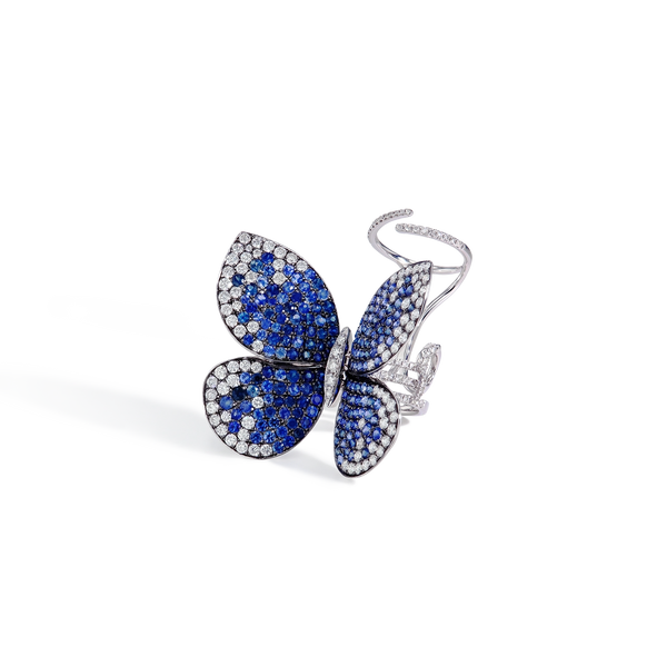 Blue Sapphire and Diamond Butterfly Moveable Ring