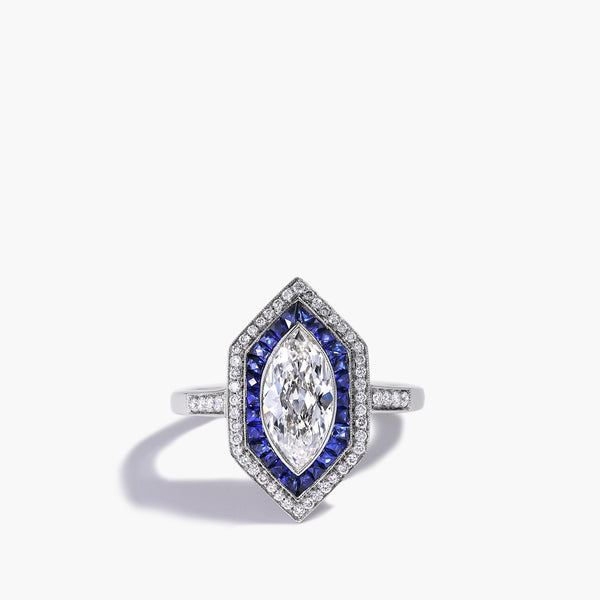 Marquise Diamond and Blue Sapphire Halo Ring