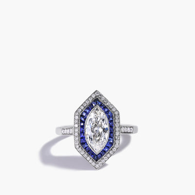 Marquise Diamond and Blue Sapphire Halo Ring - Private Label product