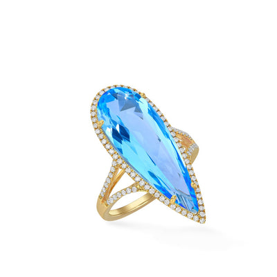 Large Pear Shape Blue Topaz and Diamond Halo Ring - Private Label product