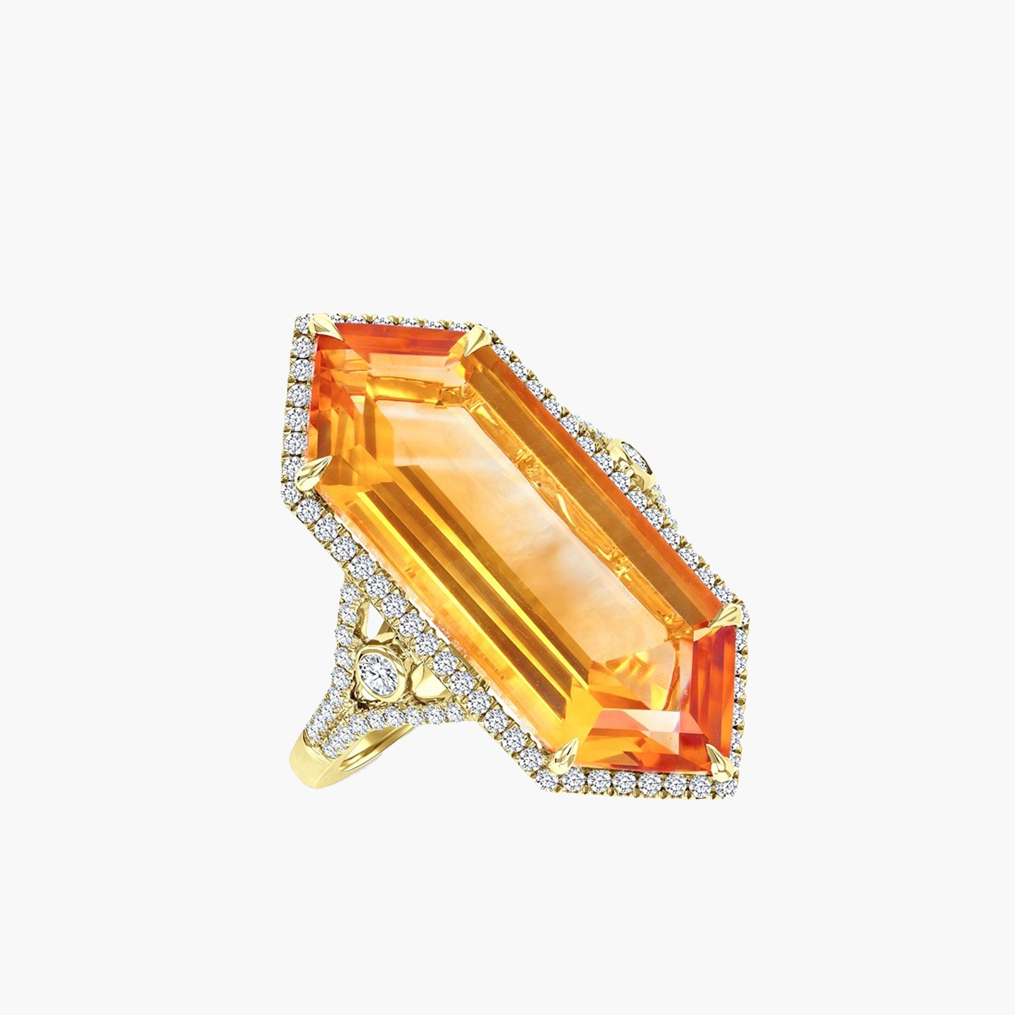 Hexagonal Citrine and Diamond Halo Ring