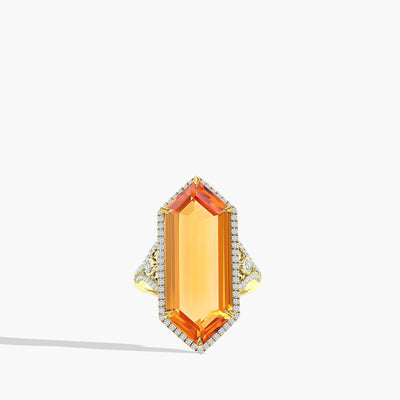 Hexagonal Citrine and Diamond Halo Ring - Private Label product