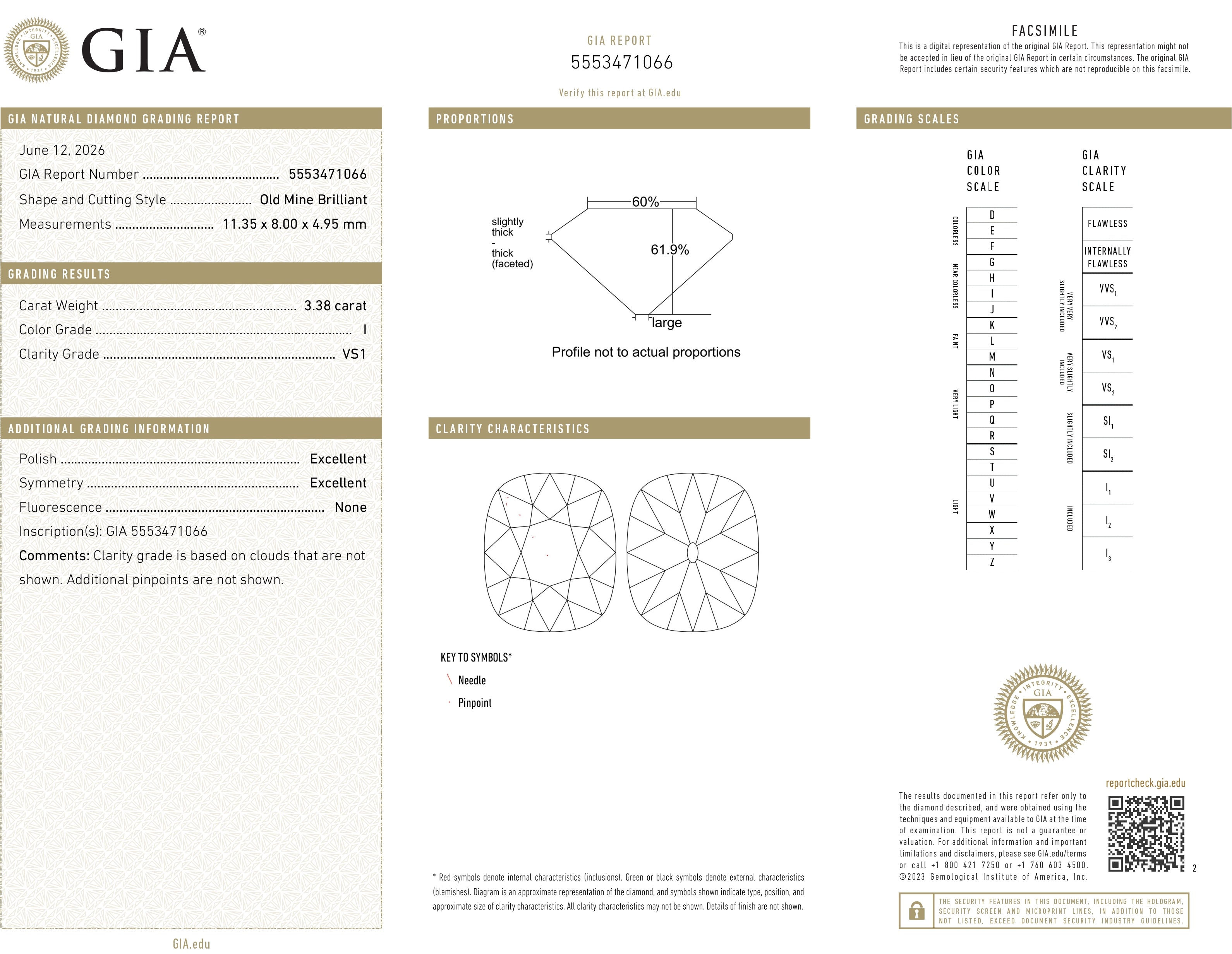 3.38ct Old Mine Brilliant Cut Diamond, I VS1, GIA Certified