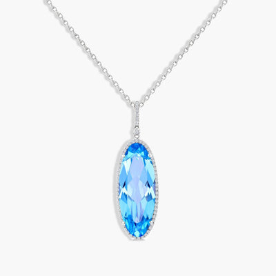 Oval Blue Topaz and Diamond Halo Pendant Necklace - Private Label product