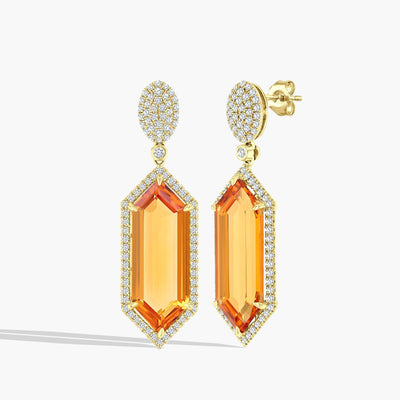 Hexagonal Citrine and Diamond Halo Drop Earrings - Private Label product