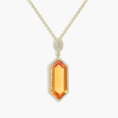 Hexagonal Citrine and Diamond Halo Pendant Necklace