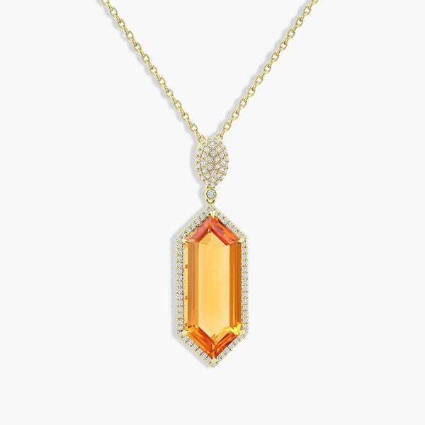 Hexagonal Citrine and Diamond Halo Pendant Necklace