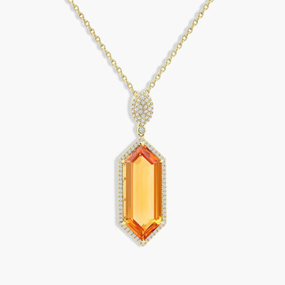 Hexagonal Citrine and Diamond Halo Pendant Necklace - Private Label product