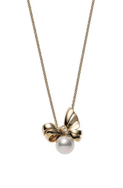 Mikimoto Yellow Gold Bow Diamond Pearl Necklace - Mikimoto product
