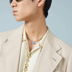 Gucci Interlocking Silver Boule Chain Necklace with Blue Enamel