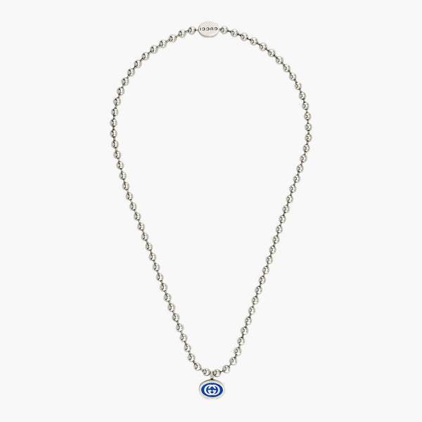 Gucci Interlocking Silver Boule Chain Necklace with Blue Enamel