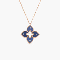 Roberto Coin Venetian Princess Rose Gold Small Diamond Flower Necklace with Blue Titanium