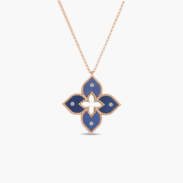Roberto Coin Venetian Princess Rose Gold Small Diamond Flower Necklace with Blue Titanium