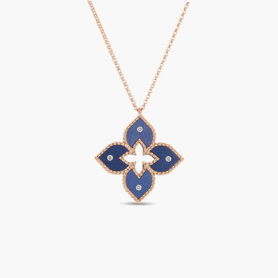 Roberto Coin Venetian Princess Rose Gold Small Diamond Flower Necklace with Blue Titanium - Roberto Coin product