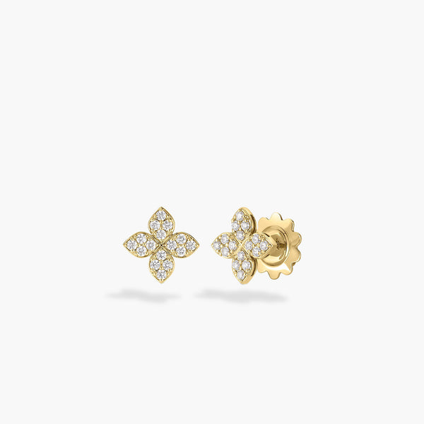 Roberto Coin Love In Verona Medium Pave Flower Stud Earrings in 18K Yellow Gold