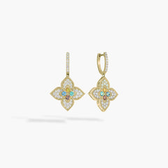 Roberto Coin Venetian Princess Carnevale Mixed Gemstone Flower Pave Drop Earrings in 18K Yellow Gold