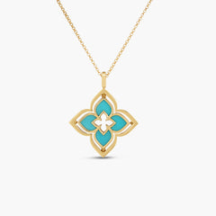 Roberto Coin Venetian Princess Turquoise Flower Pendant 17" Necklace in 18K Yellow Gold