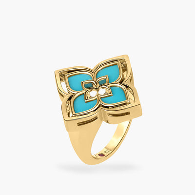 Roberto Coin Venetian Princess Turquoise and Diamond Flower Ring in 18K Yellow Gold - Roberto Coin product