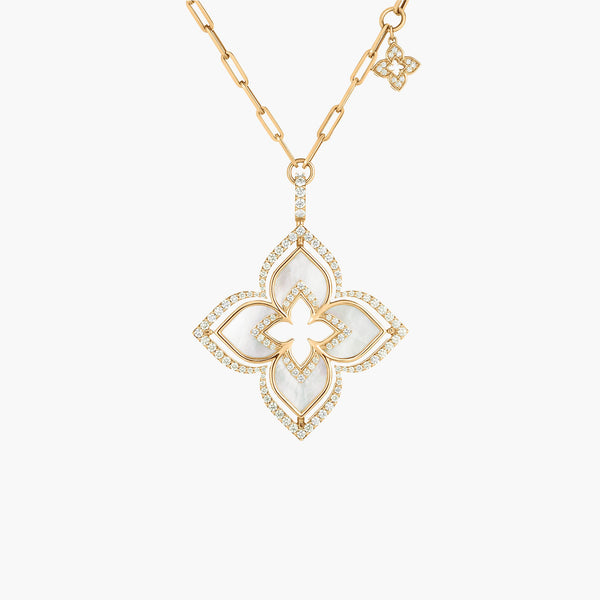 Roberto Coin Venetian Princess Mother of Pearl and Diamond Flower Pendant Necklace in 18K Yellow Gold