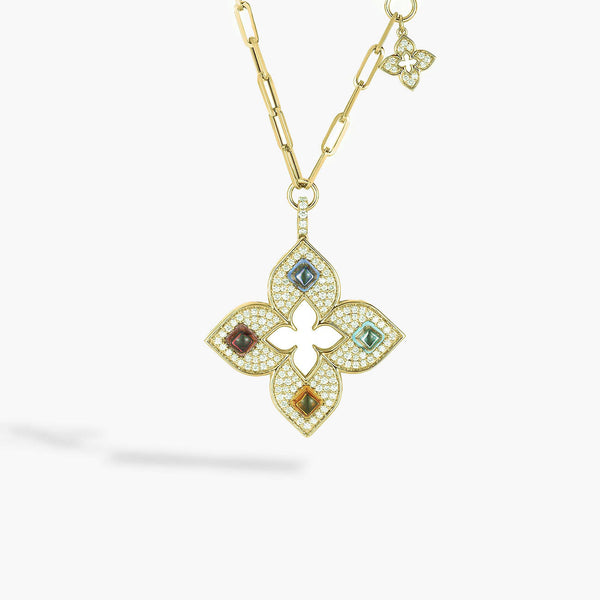 Roberto Coin Venetian Princess Mixed Gemstone Diamond Open Flower Pendant Necklace