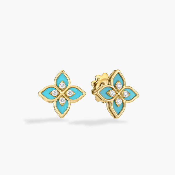 Roberto Coin Venetian Princess Cyan Flower Stud Earrings in 18K Yellow Gold