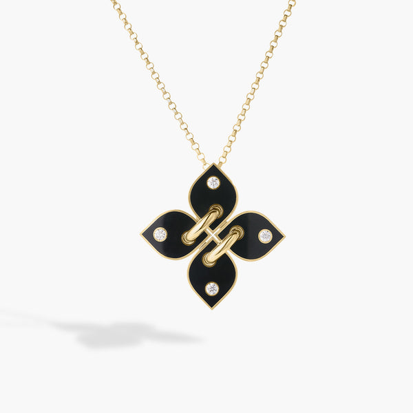 Roberto Coin Venetian Princess Filo Diamond and Black Enamel Flower Pendant Necklace in 18K Yellow Gold