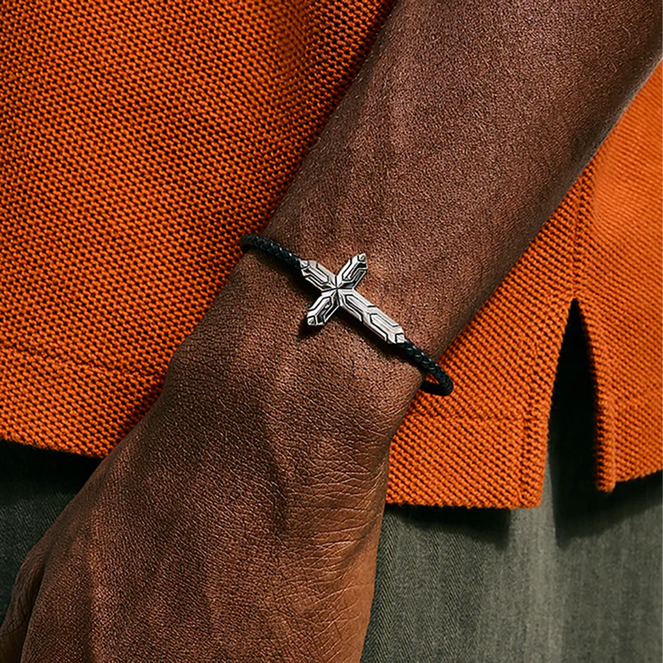 John Hardy Icon 50 Silver Cross on 3mm Leather Bracelet