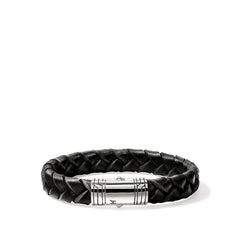 John Hardy Silver 10mm Braided Black Leather Bracelet