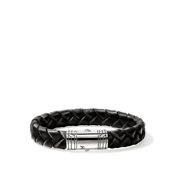 John Hardy Silver 10mm Braided Black Leather Bracelet