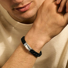 John Hardy Silver 10mm Braided Black Leather Bracelet